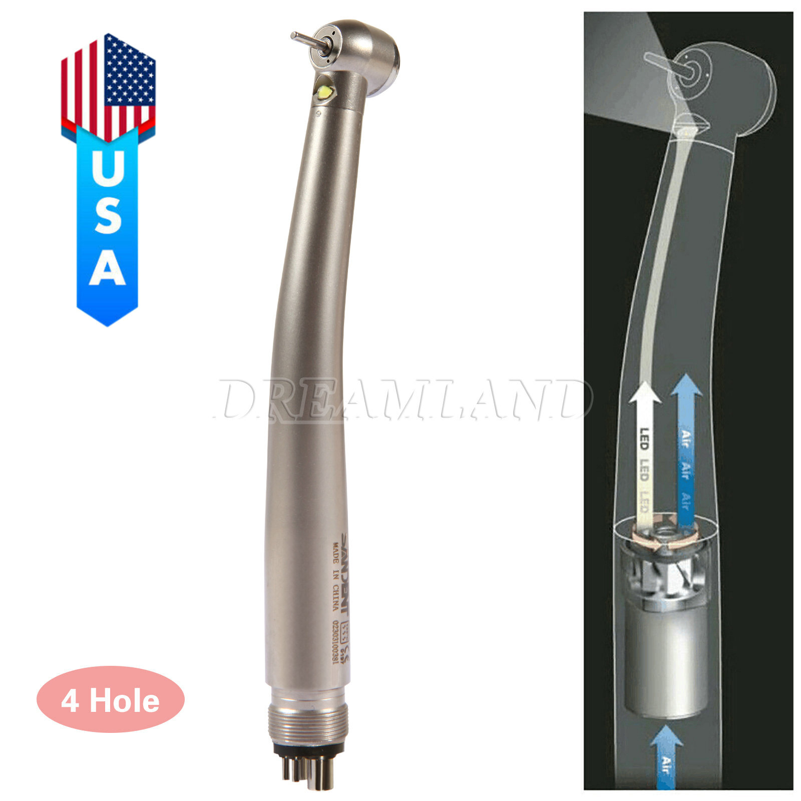 Dental E-generator LED Triple spray Fiber Optic Handpiece High Speed 4 Hole