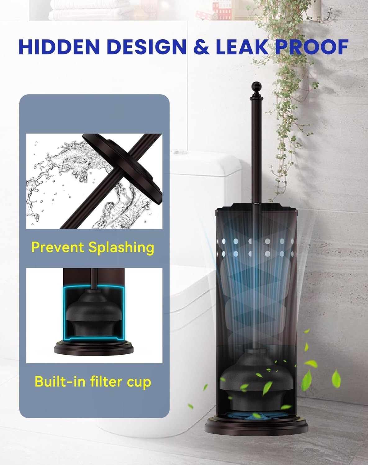 DOWRY Anti-Hand Off Toilet Plunger with Holder for 18.7In, Oil Rubbed Bronze