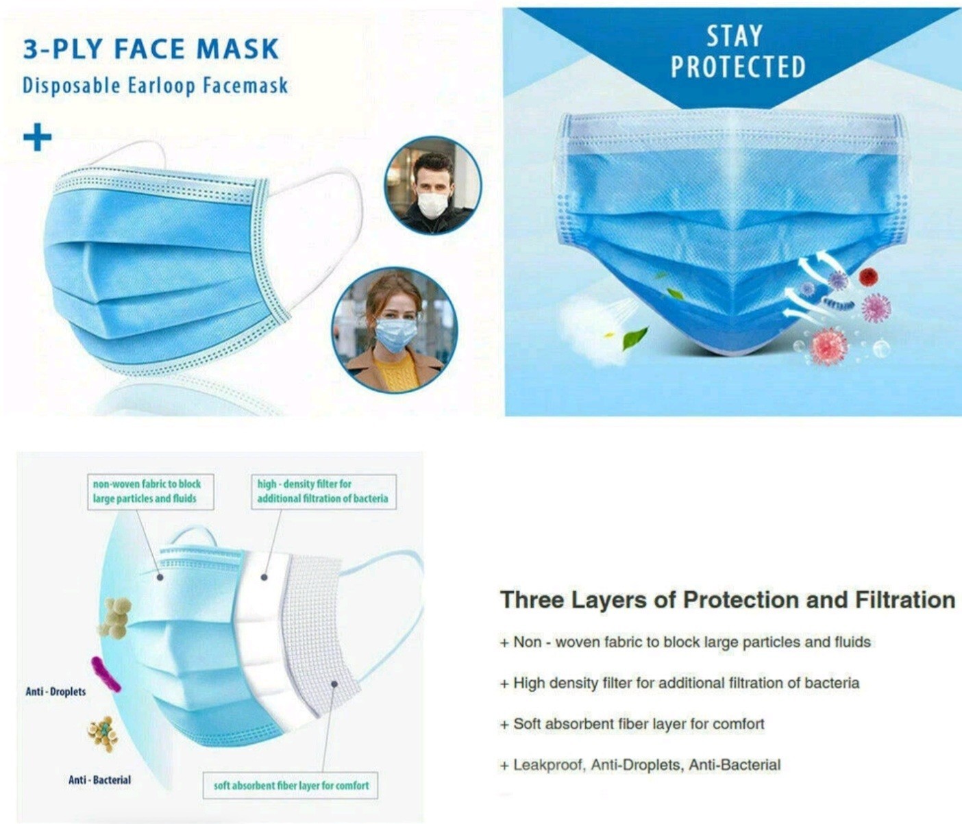 50 PCS Disposable Face Mask 3-Ply Non Medical Surgical Earloop Mouth Dust Cover