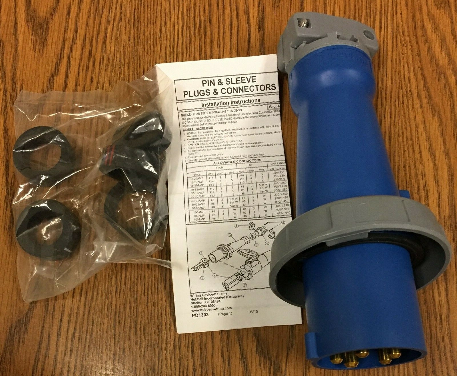 Hubbell HBL560P9W Pin and Sleeve, IEC, Plug, 4P5W, 60/63A 120/208V, 4X/69K
