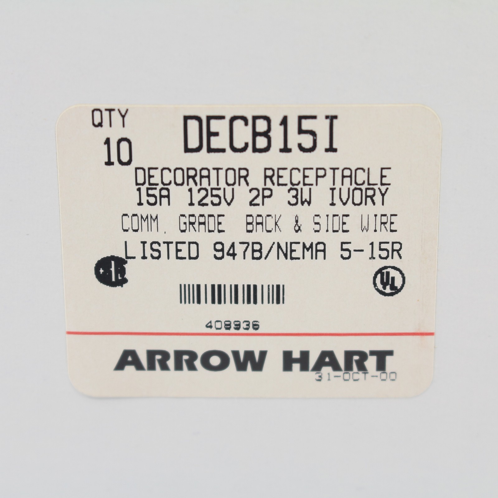 10 Cooper Ivory Commercial Decorator Receptacle 5-15R 2P3W 15A 125V B&S DECB15I