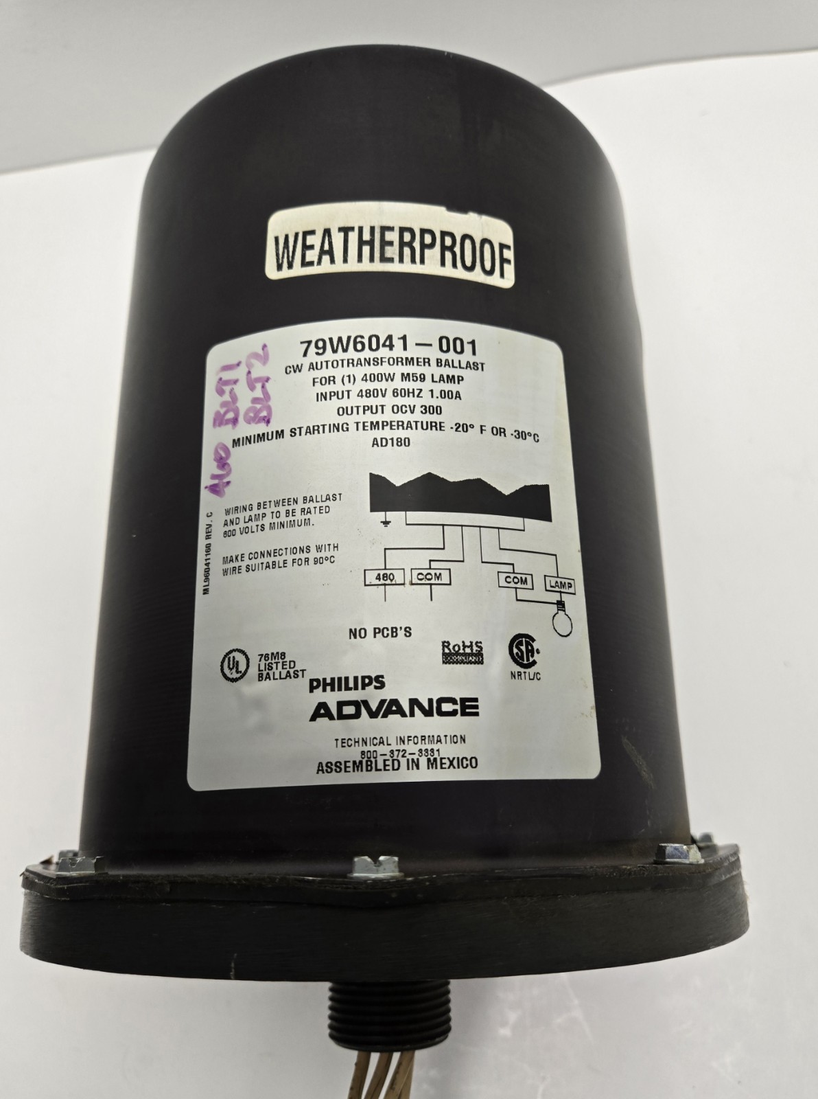 PHILLIPS ADVANCE OUTDOOR WATERPROOF TRANSFORMER BALLAST 79W6041001. 400W.