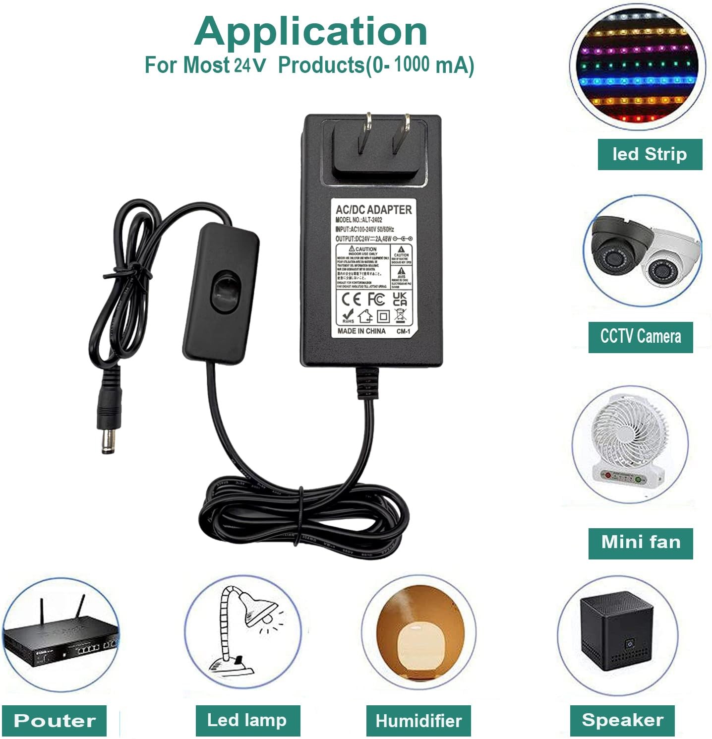24V 2A DC Power Supply 48W Switching Adapter 100-240V 50-60Hz AC to DC 24V 2A…