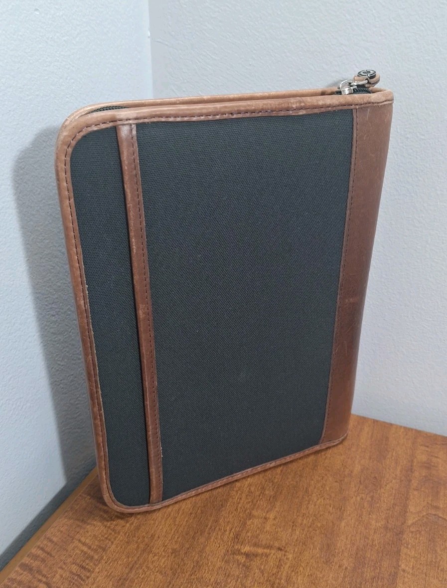 Vtg Franklin Covey Planner Green Canvas Tan Leather Trim 8×10 Full Zip Closure