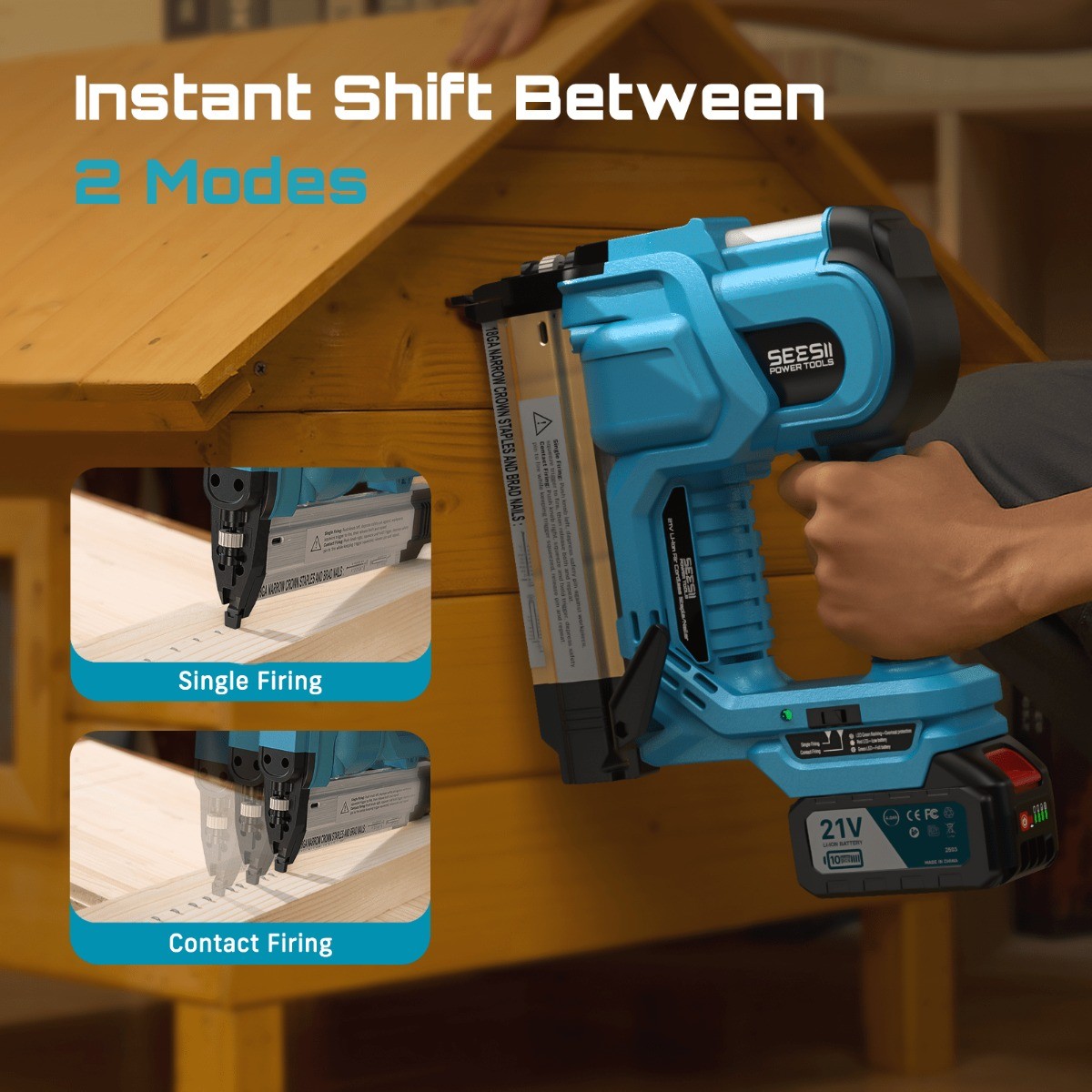 Seesii 21V Cordless Brad Nailer 18 Gauge Battery Powered Staple Gun 2x4000mah