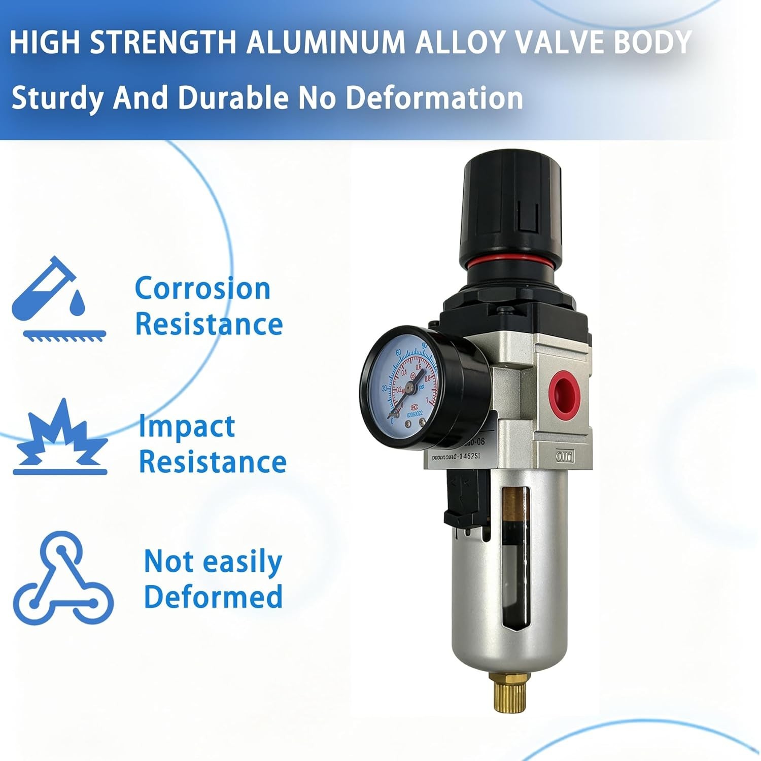 3/8″ NPT Compressed Air Filter Regulator Combo with Semi-Auto Drain 0-150 PSI