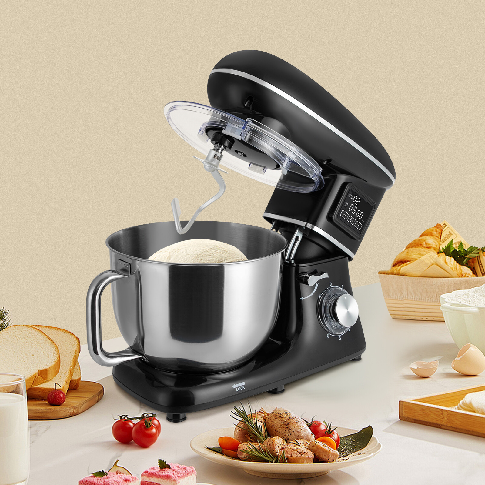 Commercial Stand Food Mixer Processor 6.5Qt Electric Dough Mixer 6+1 Speed 1350W