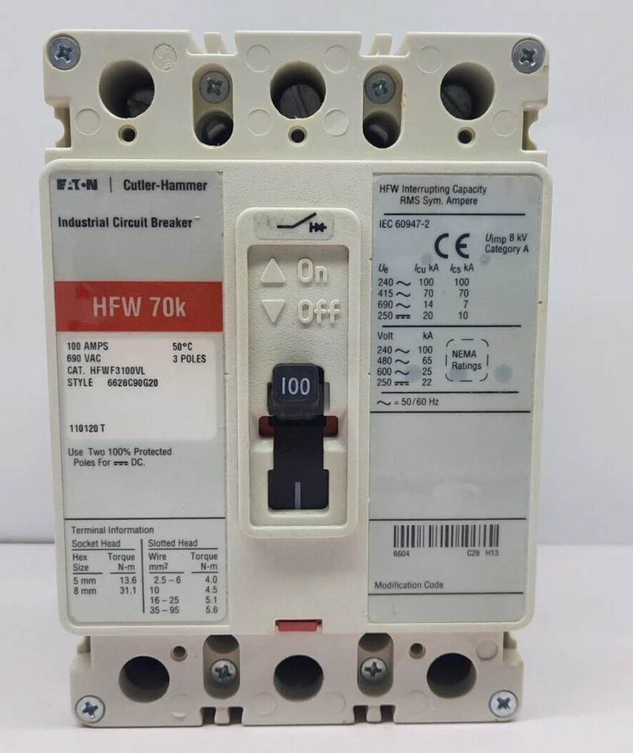 CUTLER HAMMER HFWF3100VL3 POLE 100 AMPS HFW 70K CIRCUIT BREAKER 690VAC