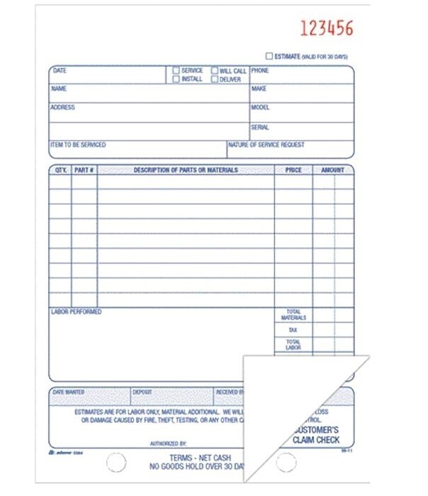 Adams Repair Order Book, Carbonless, 2-Part, White/White, 5-9/16 x 8-7/16 Inches