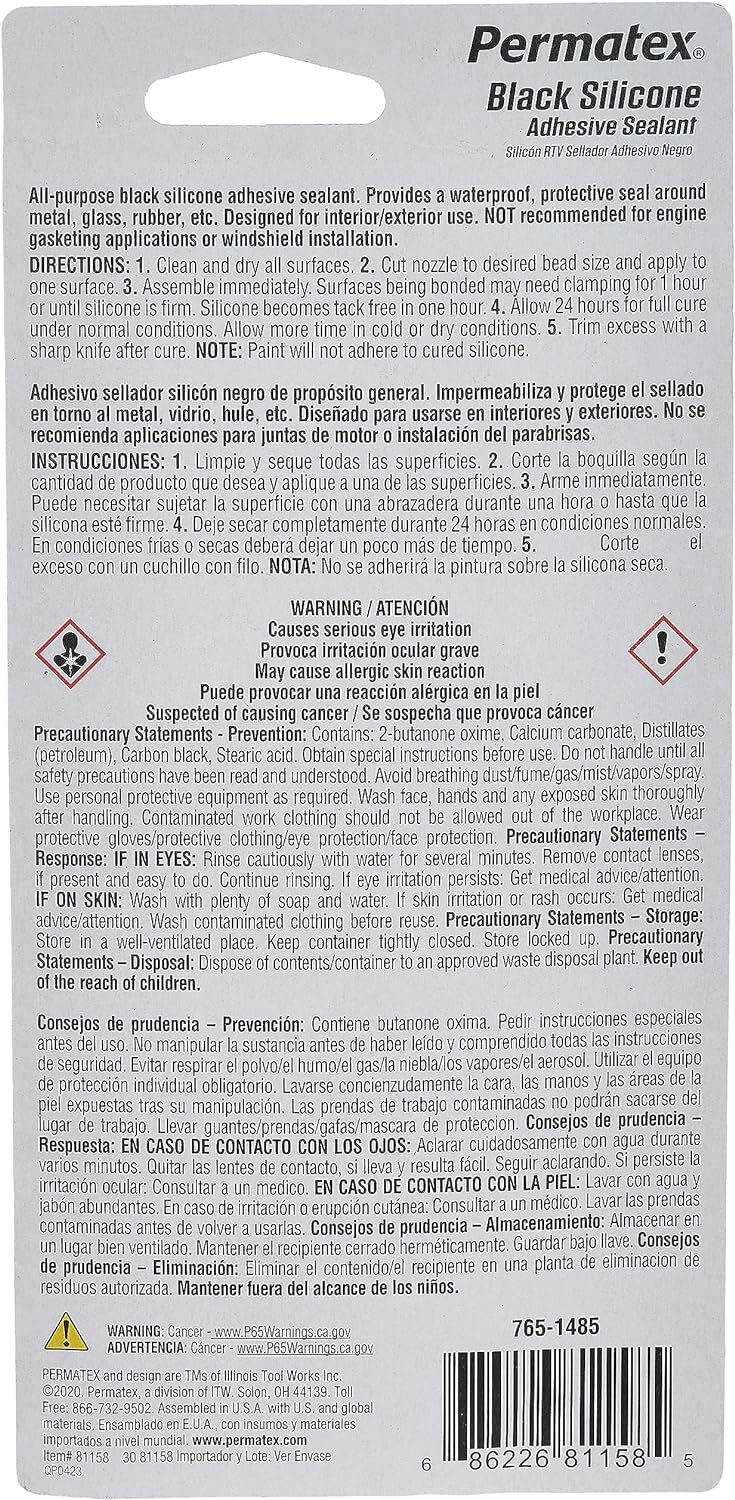 81158 Sellador Adhesivo De Silicona Negro, 3 Oz. Tubo, Paquete De 1