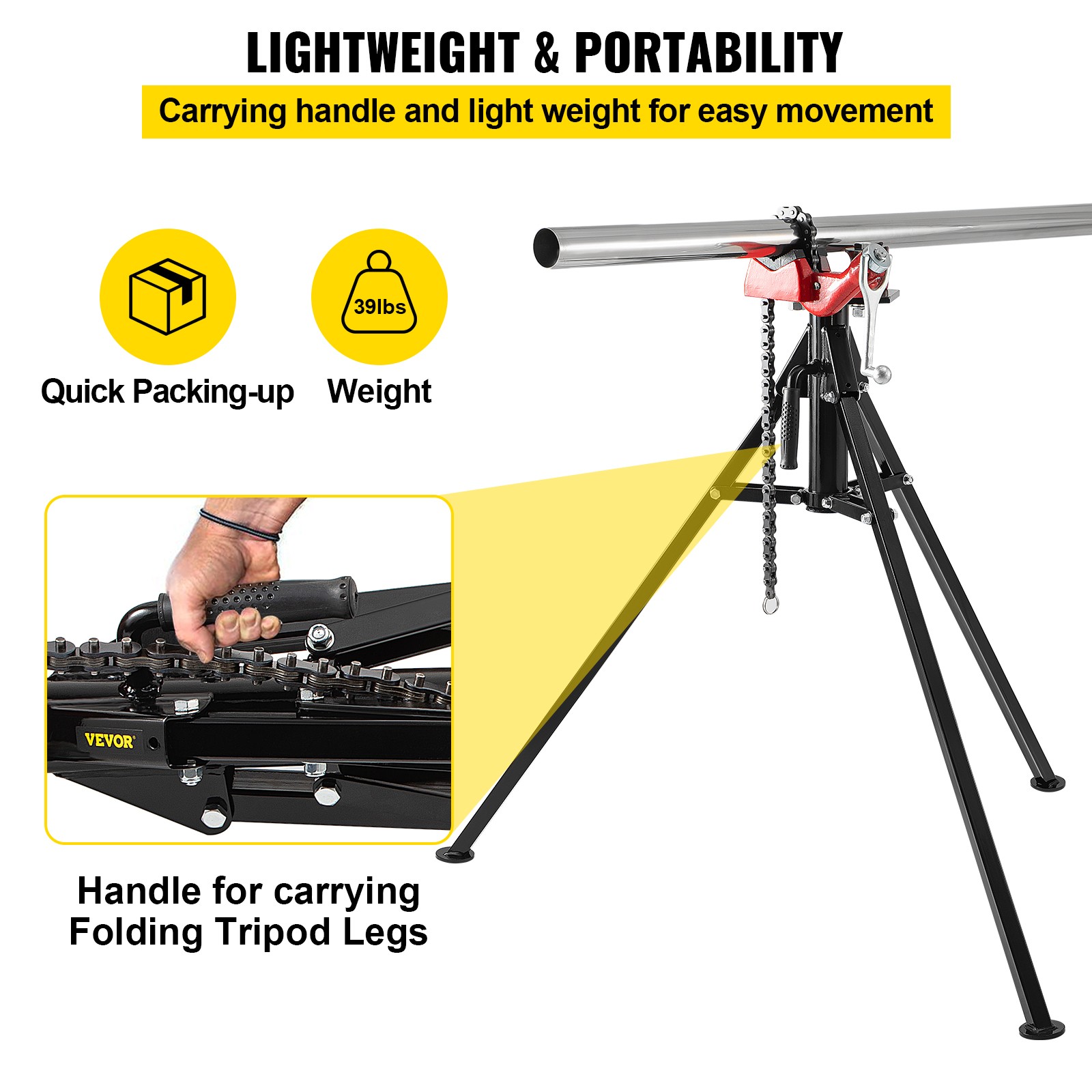 VEVOR Tripod Pipe Chain Vise 1/8″-5″ Capacity Folding Legs W/ Harden Teeth&Chain