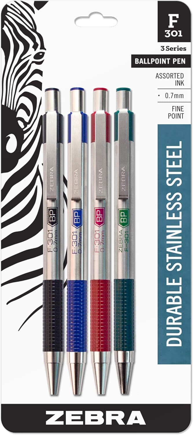 Zebra F301 Retractable Ballpoint Pen 4 Pack Black Blue Red Green 0.7Mm Fine P…