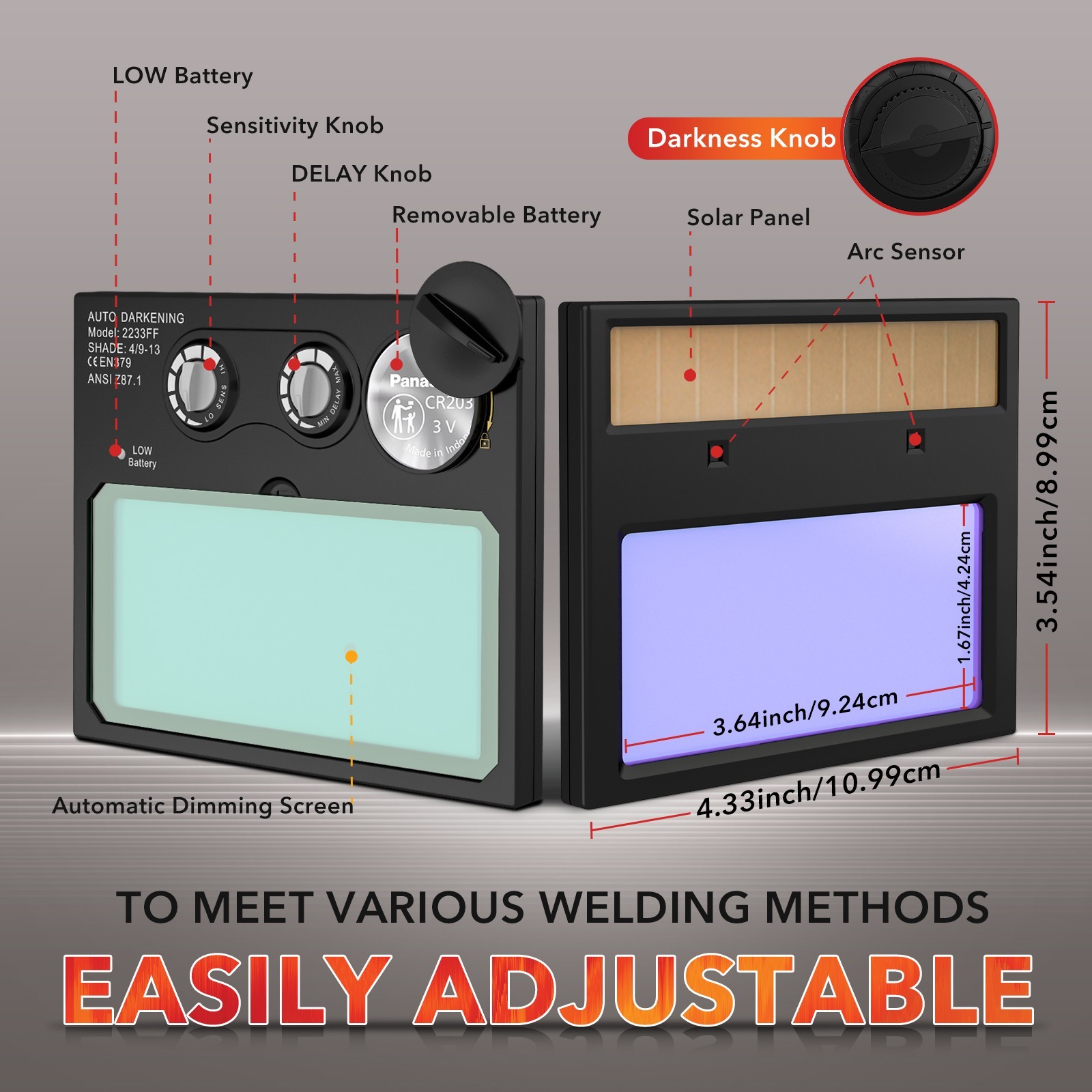 Solar Auto Darkening Welding Helmet/Hood, True Color 1/1/1/2 Clarity Grind Mode