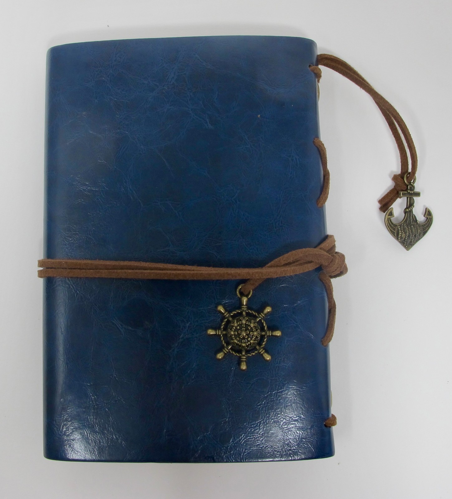 Blank Travel Journal With Dark Blue Leather Covers & Ship Charms
