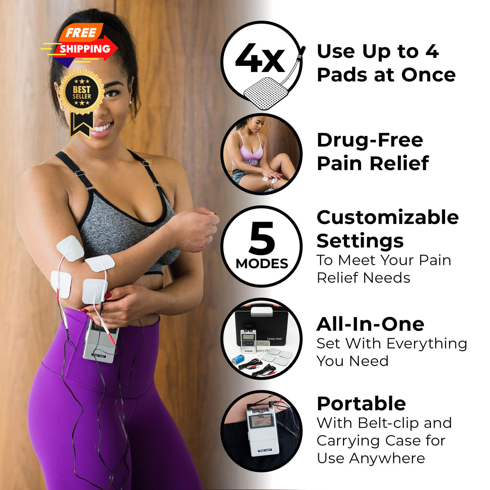 TENS 7000 Digital Unit with Accessories – Muscle Stimulator Black