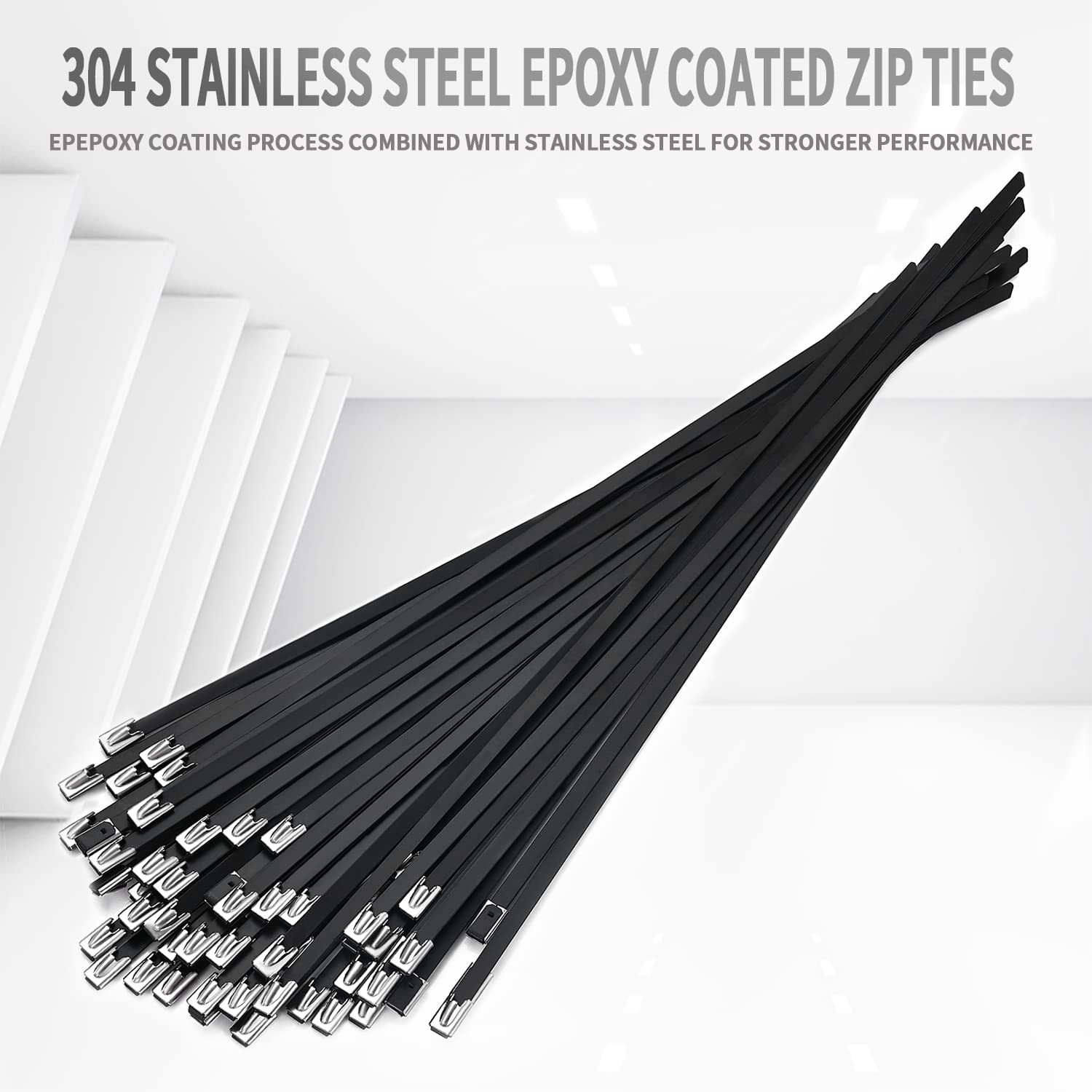Metal Zip Ties black 100pcs 11.8 inch 304Stainless steel Epoxy Coated Cable Tie