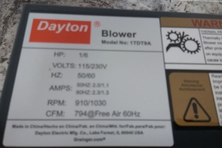 Dayton 1TDT9 8-1/4 In Wheel Dia 1/6 HP 1075 RPM 115/230VAC OEM Blower