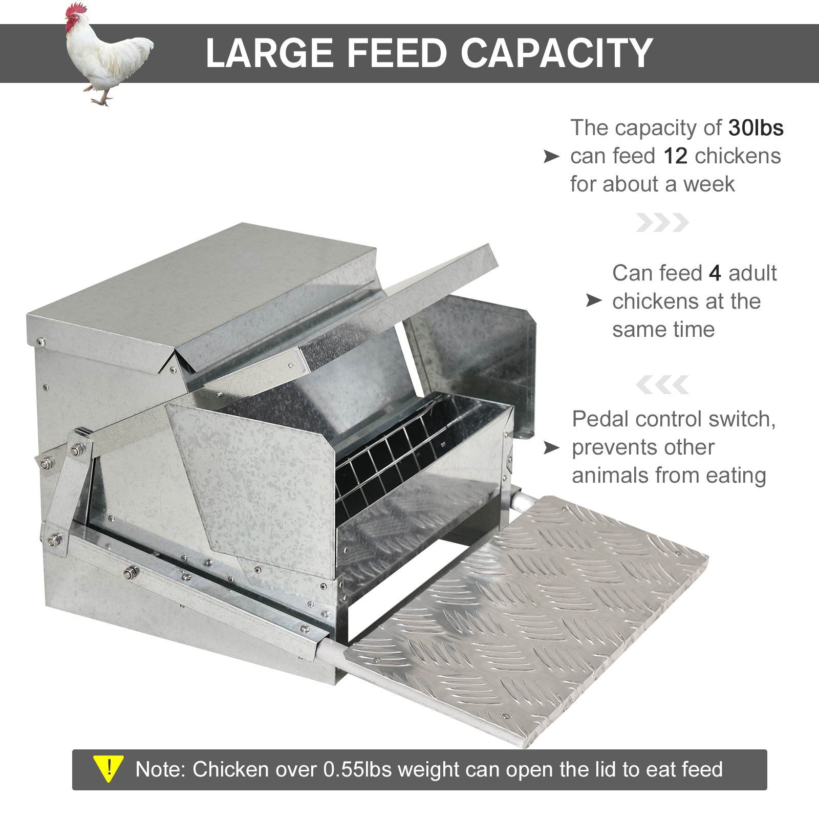 Automatic Chicken Feeder Galvanized Steel Poultry Feeders, 25 Lbs of Feeds