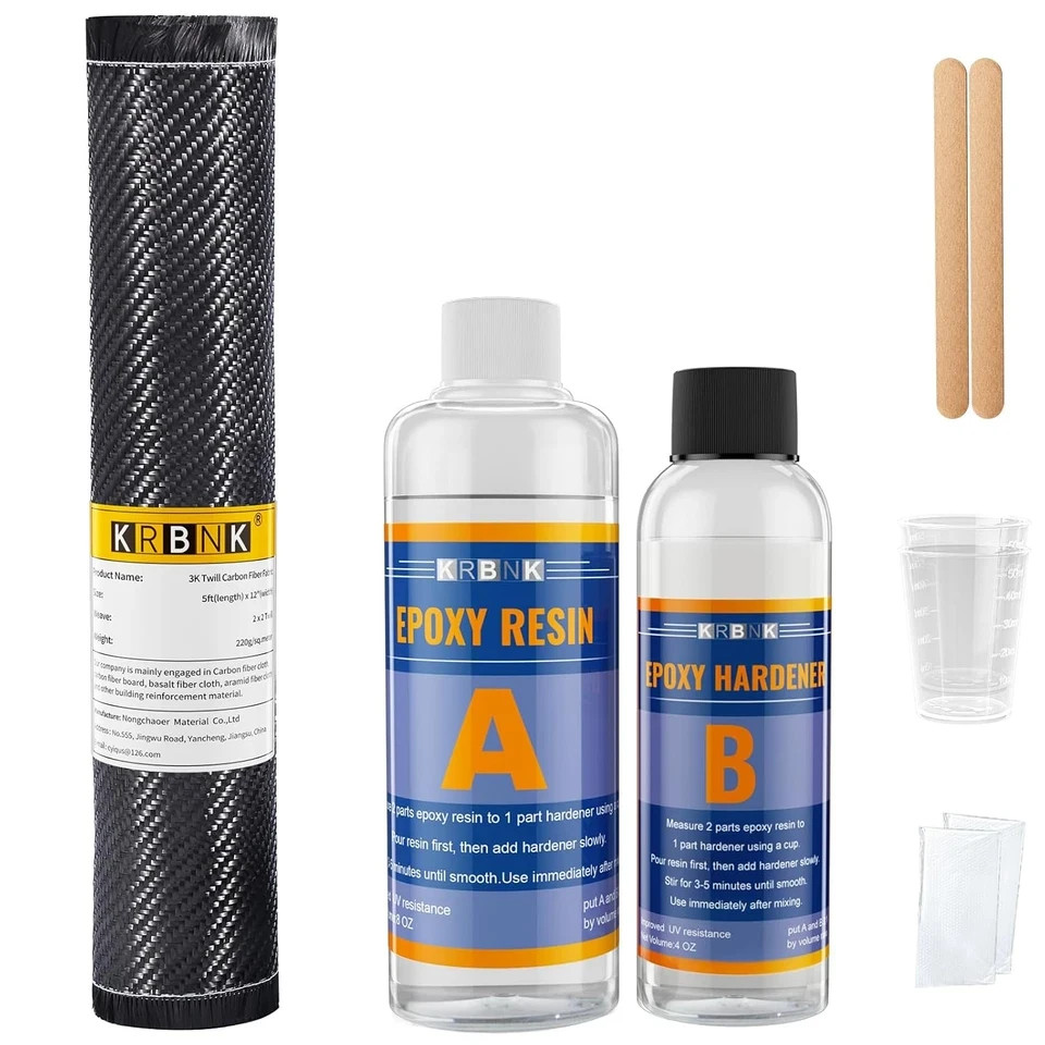 5FT Carbon Fiber Repair Kit, 12″ Carbon Fabric Fiber Cloth Roll, 8OZ Epoxy Resin