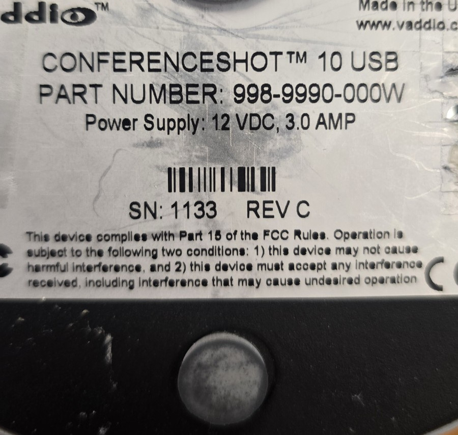 VADDIO CONFERENCESHOT 10 USB 998-9990-000W Video Camera with Power Supply