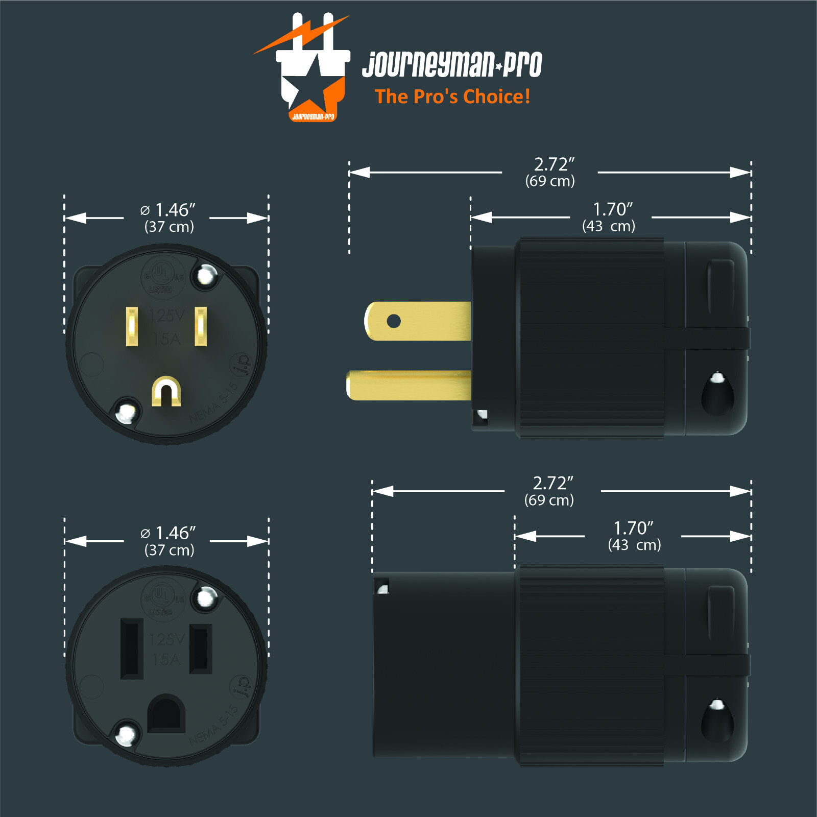 Male Extension Cord Replacement Electrical End Plugs 15A 125V 3 Prong Heavy Duty