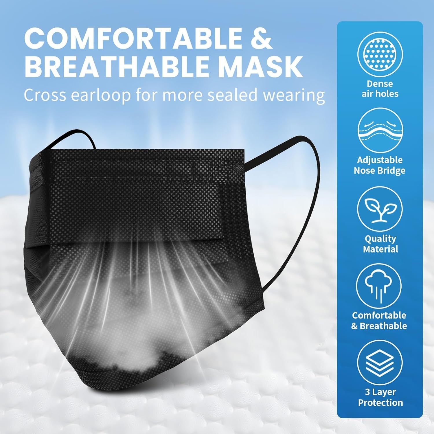 Comfortable 100 PCS Black Disposable Face Masks with Nose Wire – 3 Ply Safety