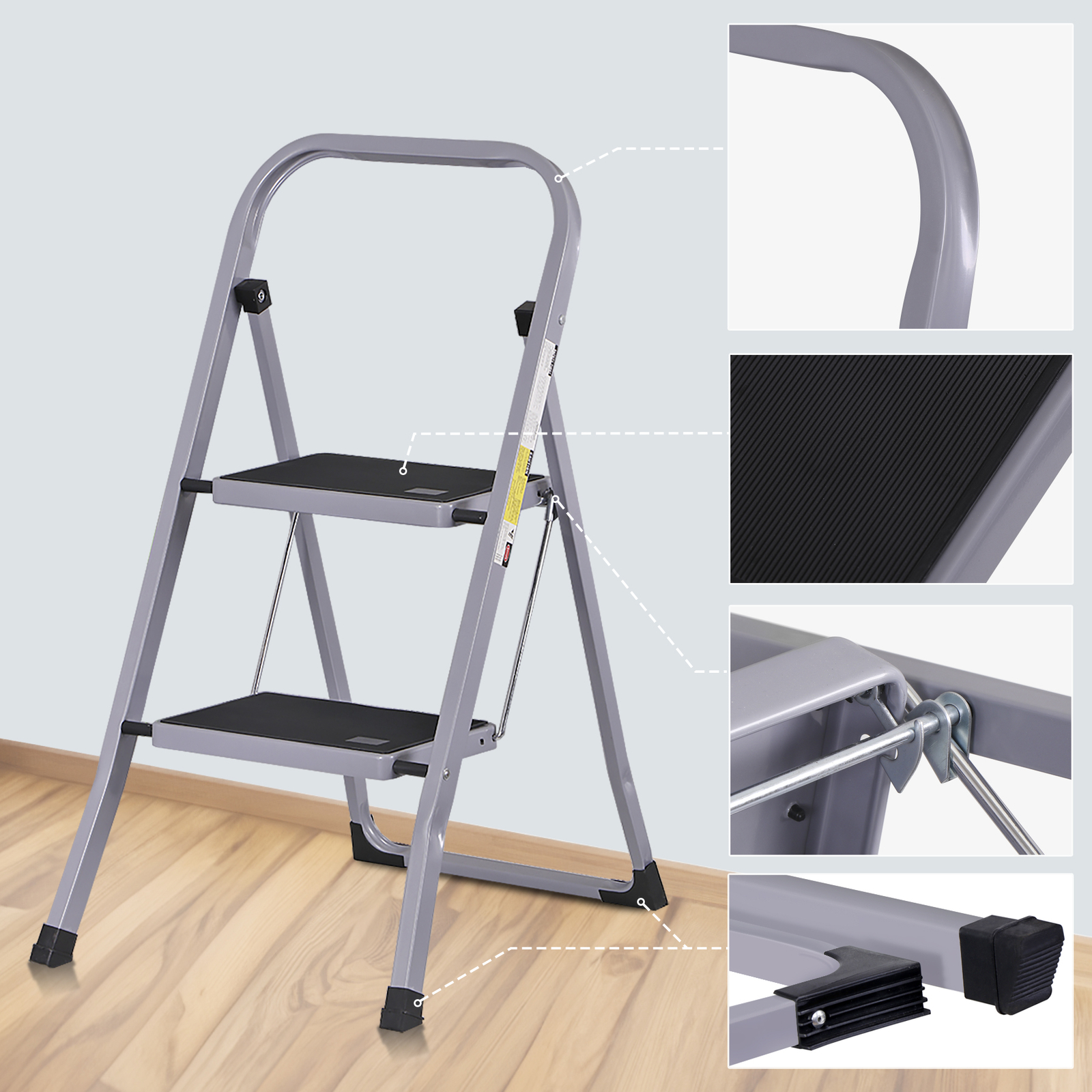 2 Step Ladder w/Anti-Slip Pedal Convenient Handgrip for Home Daily Use Gray