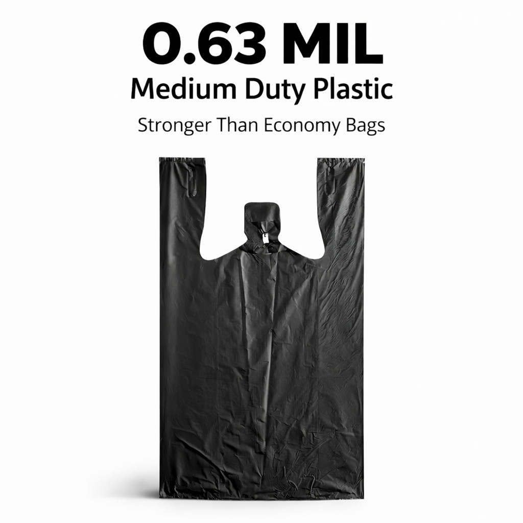 Medium Duty Black Plastic T-Shirt Bags 10x5x18 0.63 Mil Grocery Carryout Bags