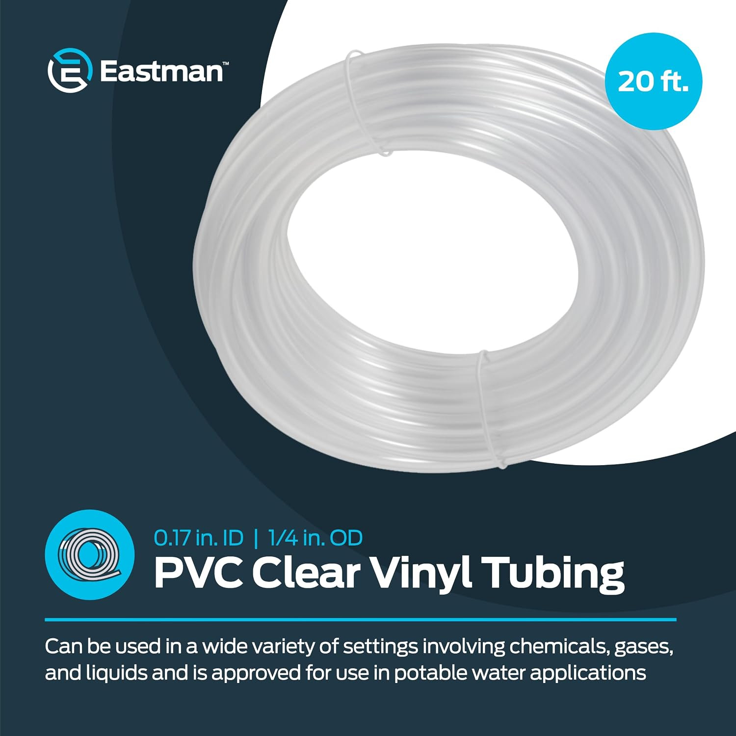 0.17 Inch ID (1/4 Inch OD) PVC Clear Vinyl Tubing, 20 Foot Length, 98560