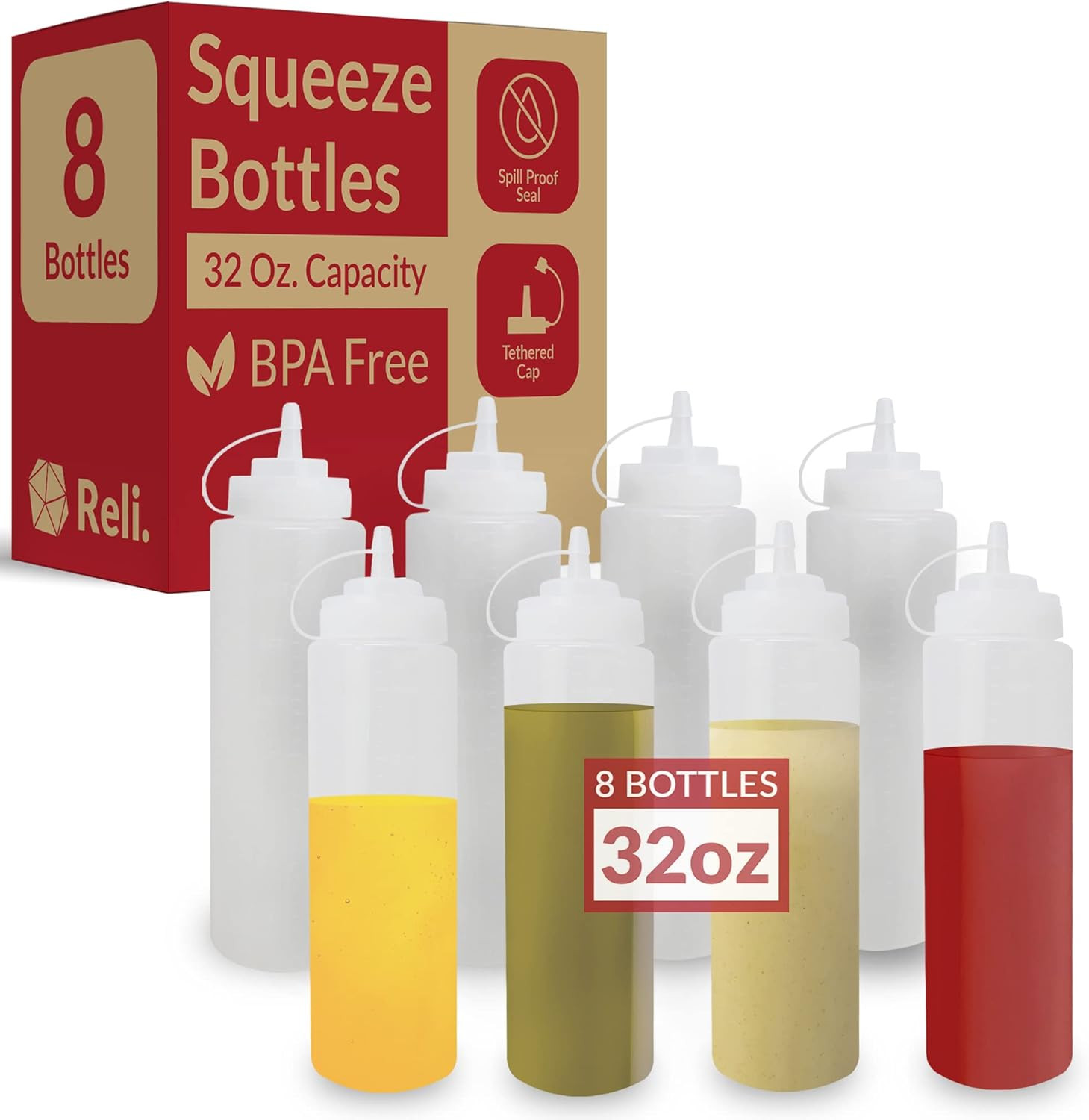 Plastic Squeeze Bottles, 32 oz. | 8 Pack | Condiment Squeeze Bottles for Sauces