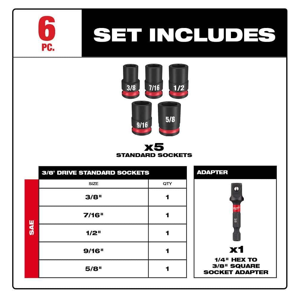 Milwaukee SHOCKWAVE 3/8″ Drive SAE 6 Point Impact Socket Set 6-Piece