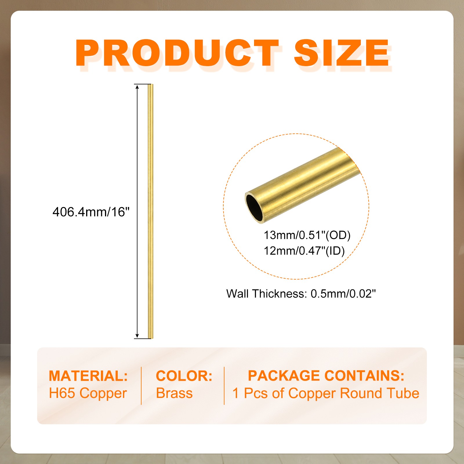 13mm OD x 0.5mm Wall Thickness x 406mm(16″) Length Copper Round Tube
