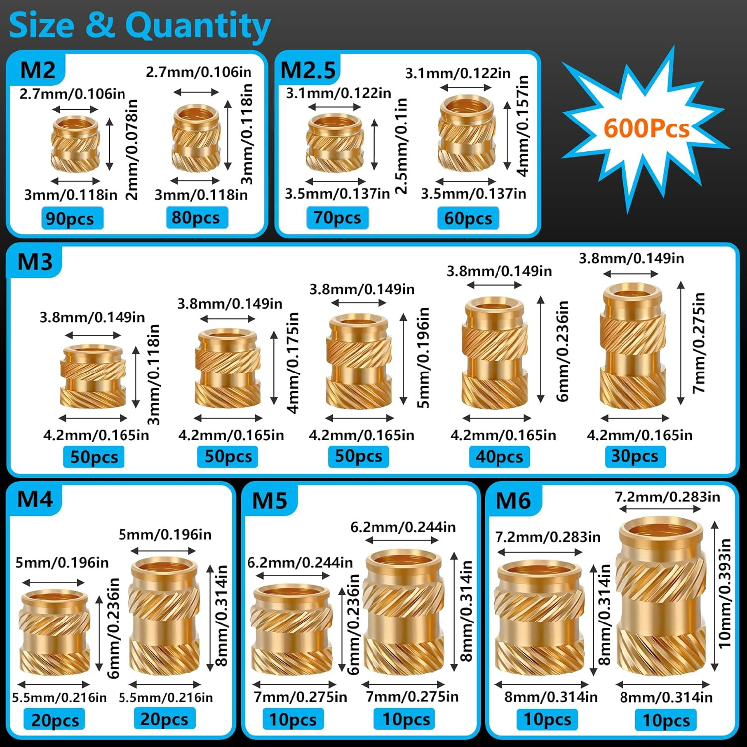 600 Pc Brass Threaded Inserts M2-M6 Heat Set Insert Tool Kit