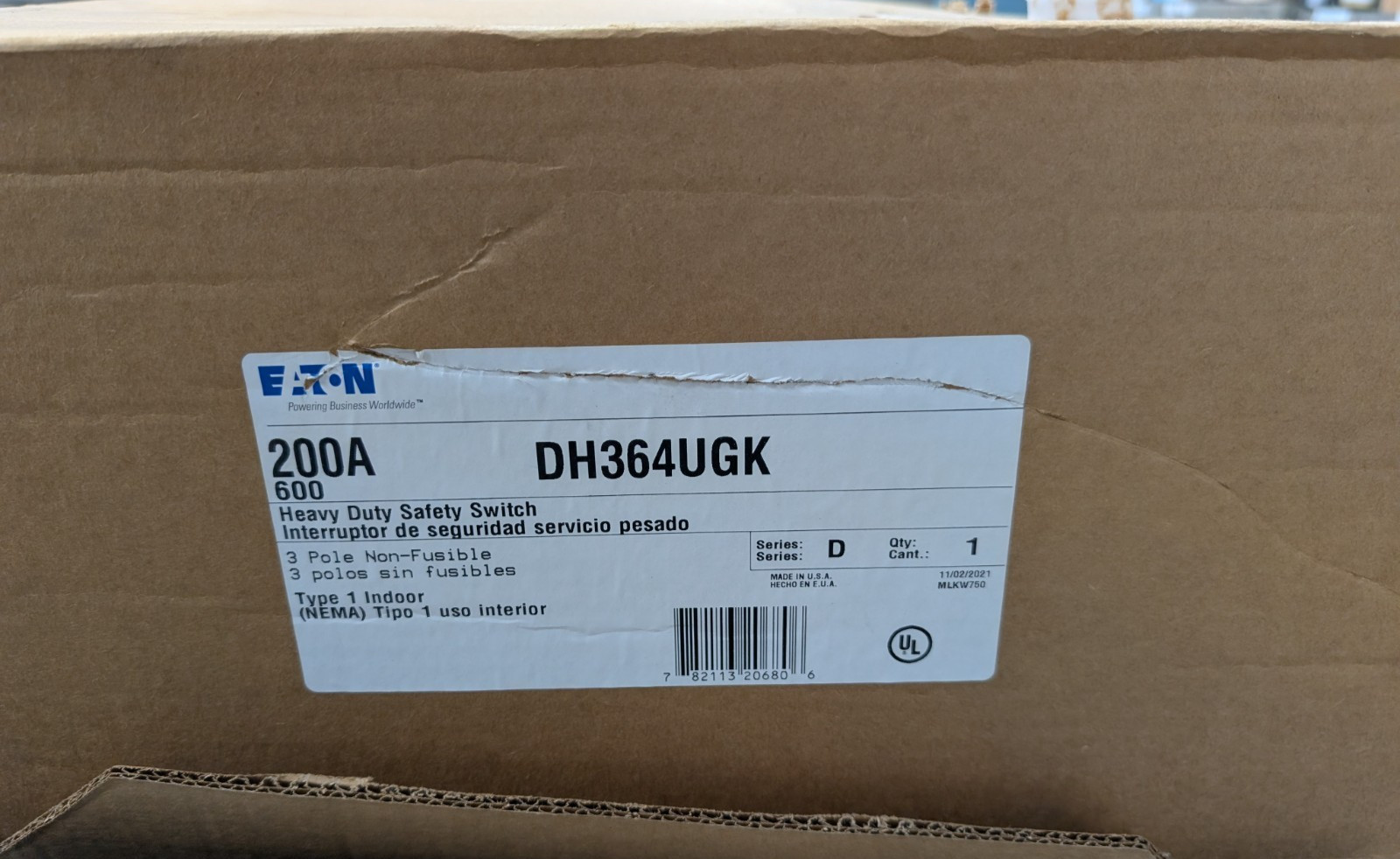 🤪 EATON 200 AMP NON FUSED SAFETY SWITCH 600 VAC 3Ø 150 HP DH364UGK