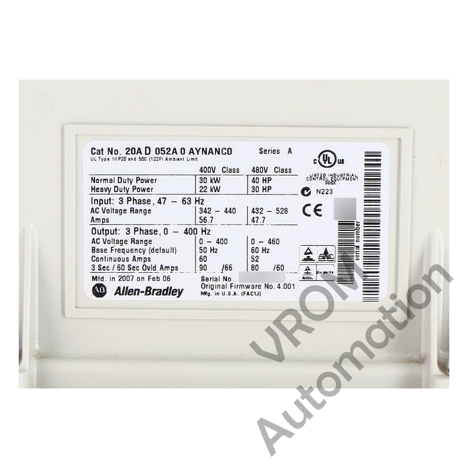 Allen Bradley 20AD052A0AYNANC0 /A PowerFlex 70 480V 52A 40HP Normal Duty 30HP He