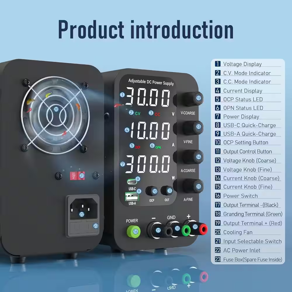 DC Power Supply 0-32V 0-10A Switching with 20W USB and Type-C Quick-Charge, LED