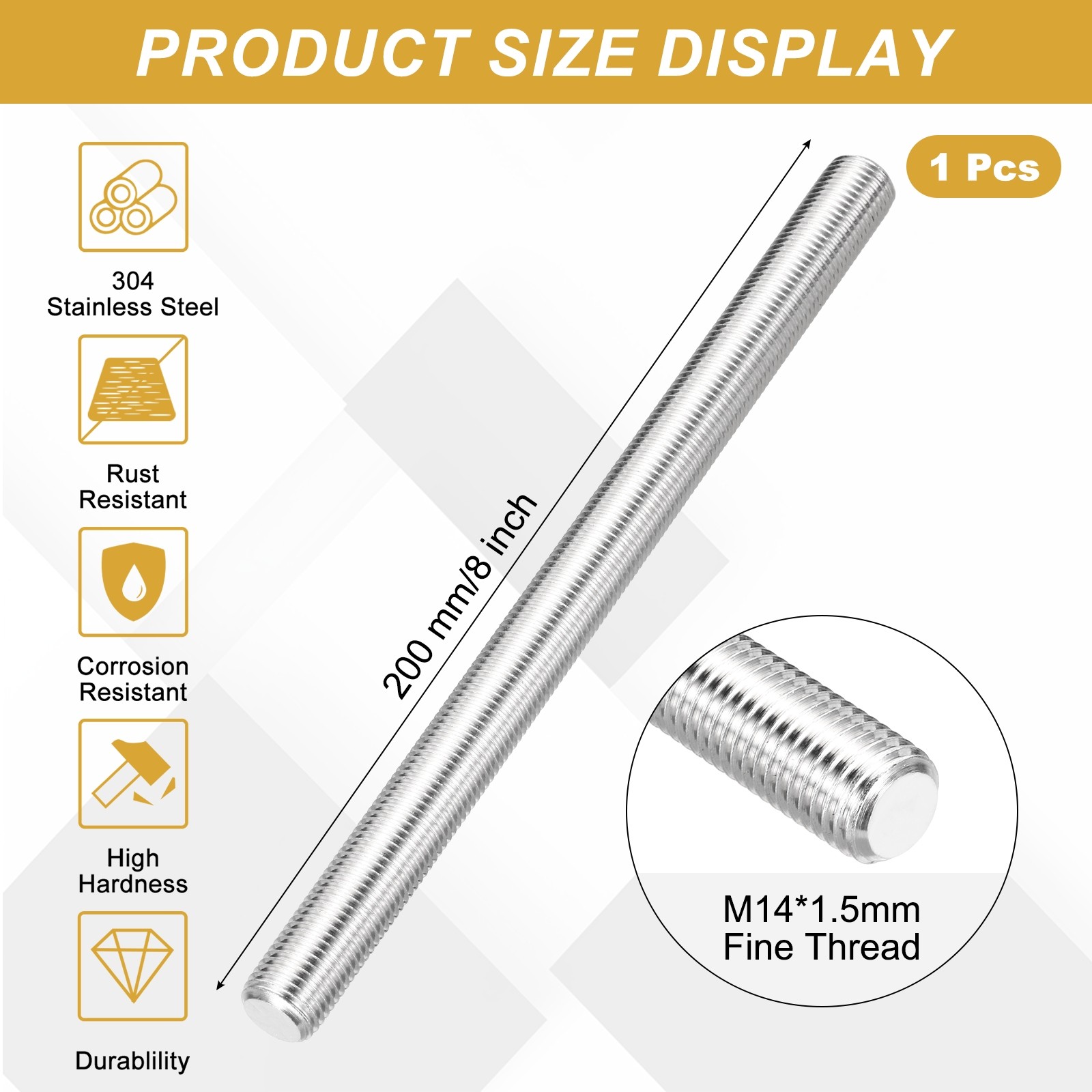 M14x1.5mm 200mm 304 Stainless Steel Fully Threaded Rod