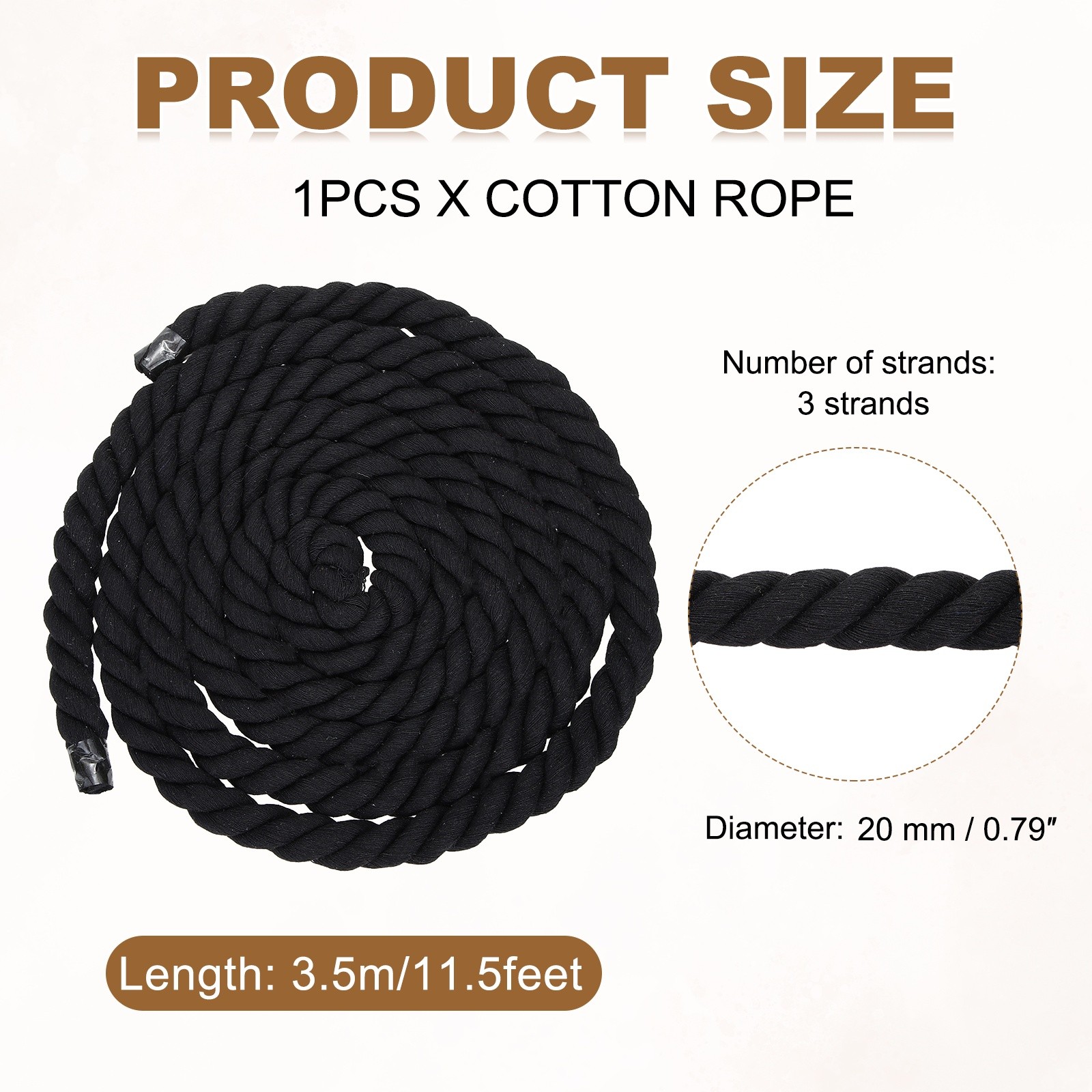 20mm x 11.5 Feet Black Cotton Rope 3 Strand for DIY Wall Hanging Knotting