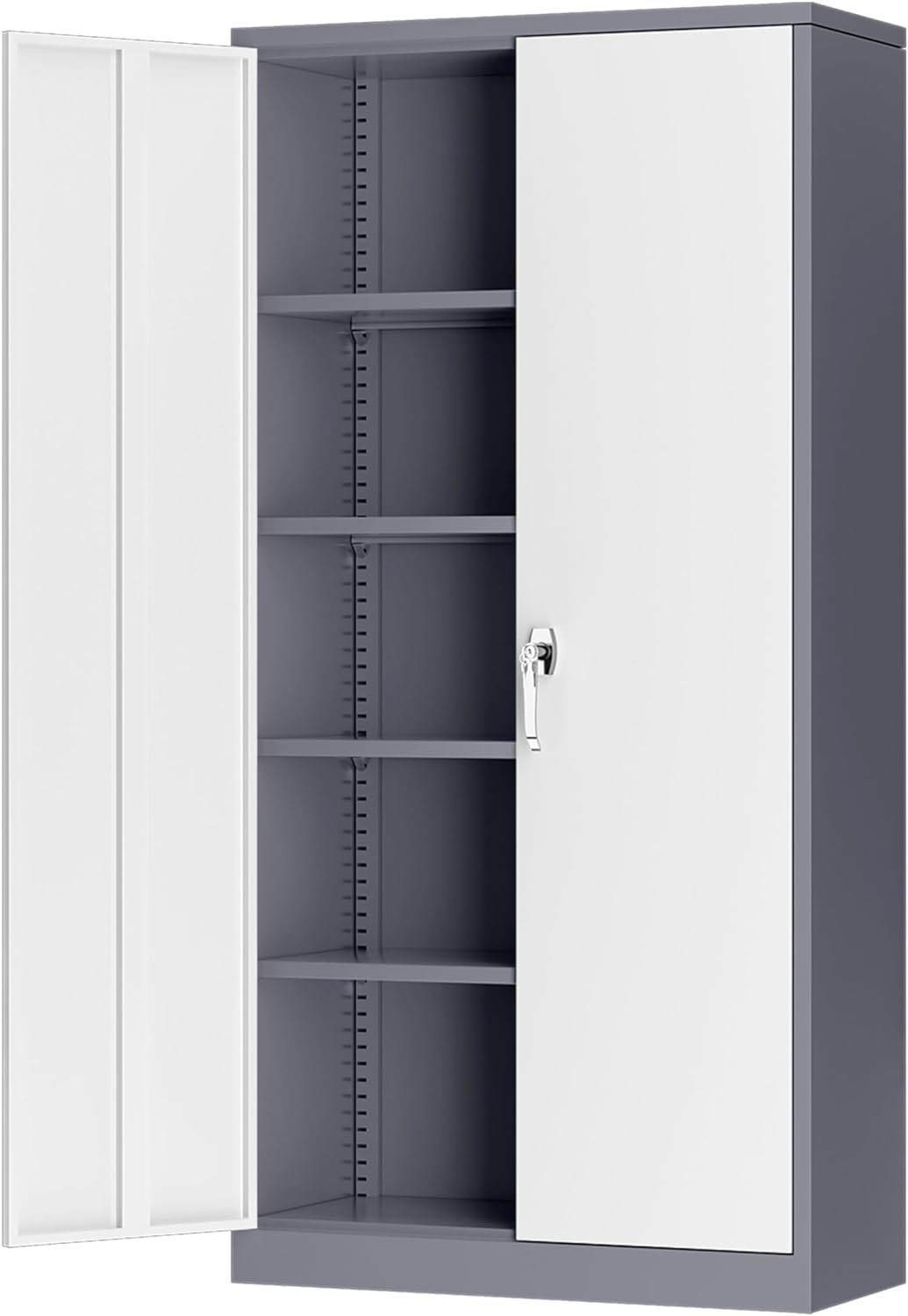 Metal Lockable Cabinet 72″H 2 Doors 4 Adj. Shelves Gray White Assembly Required