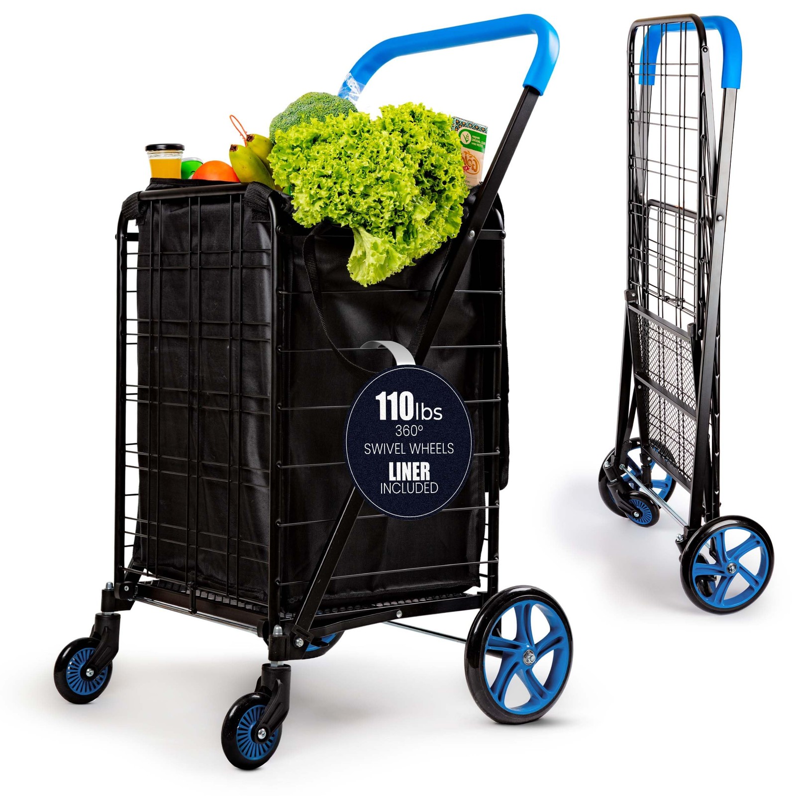 Serenelife Large Folding Utility Shopping Cart Removable Duty 360 Swivel Wheels