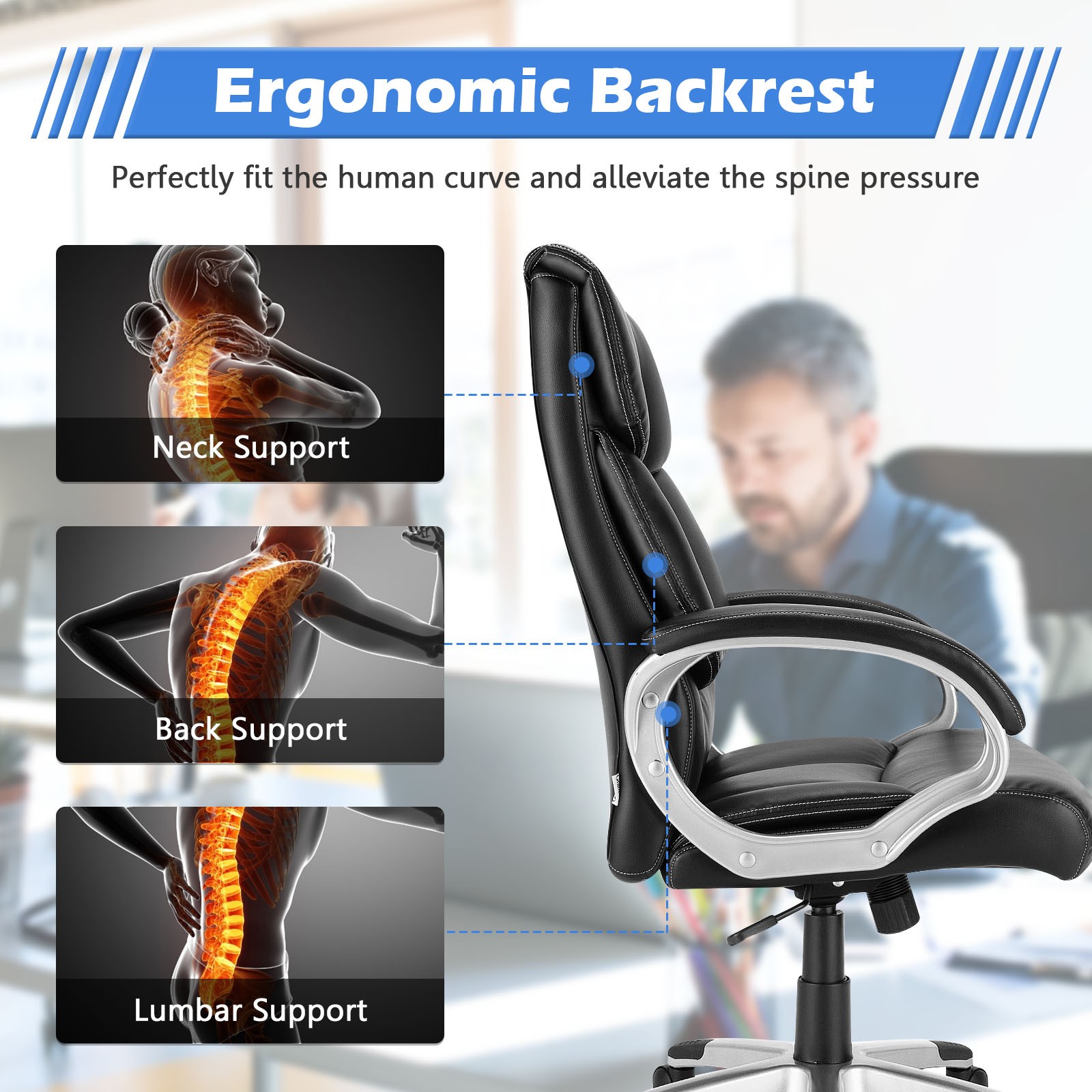 Costway Executive High Back Big & Tall Leather Adjustable Computer Desk Chair