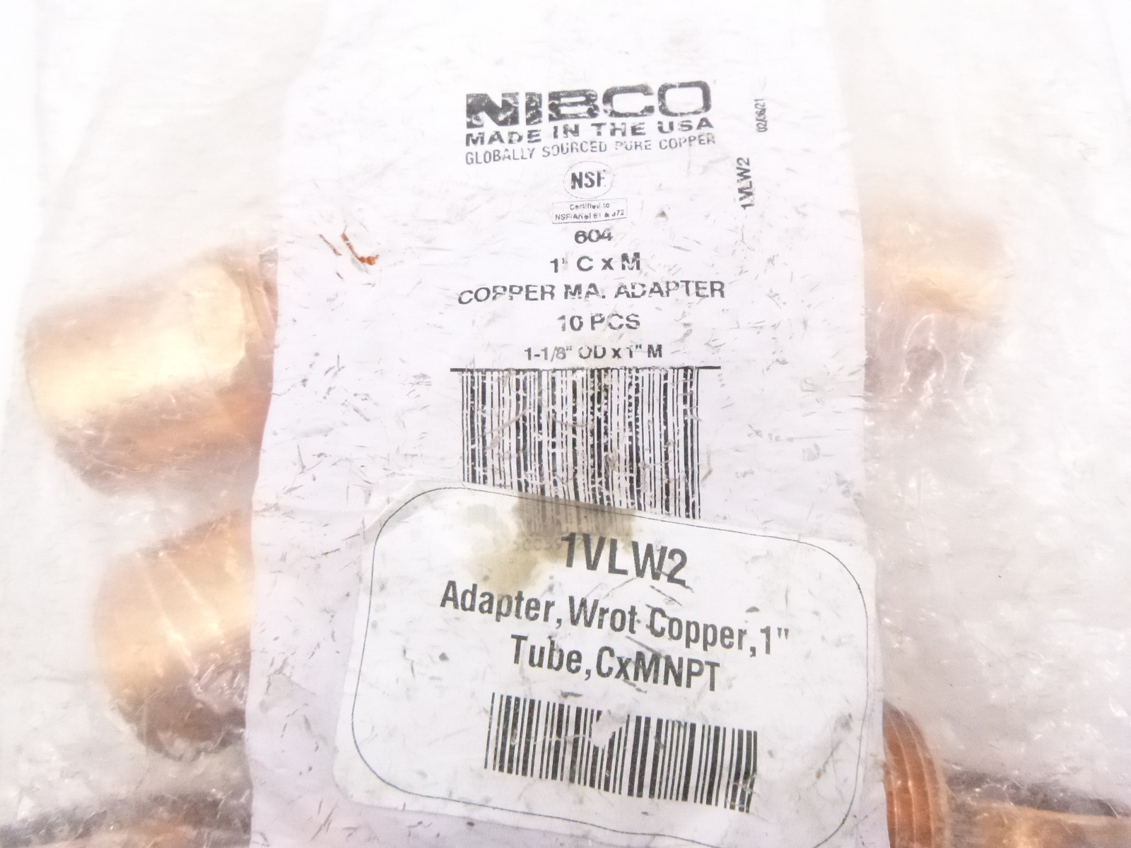 Pk of 10 Adapter Wrot Copper Cup x MNPT 1″ Copper Tube Size For 1 1/8″ x 1 1/8″