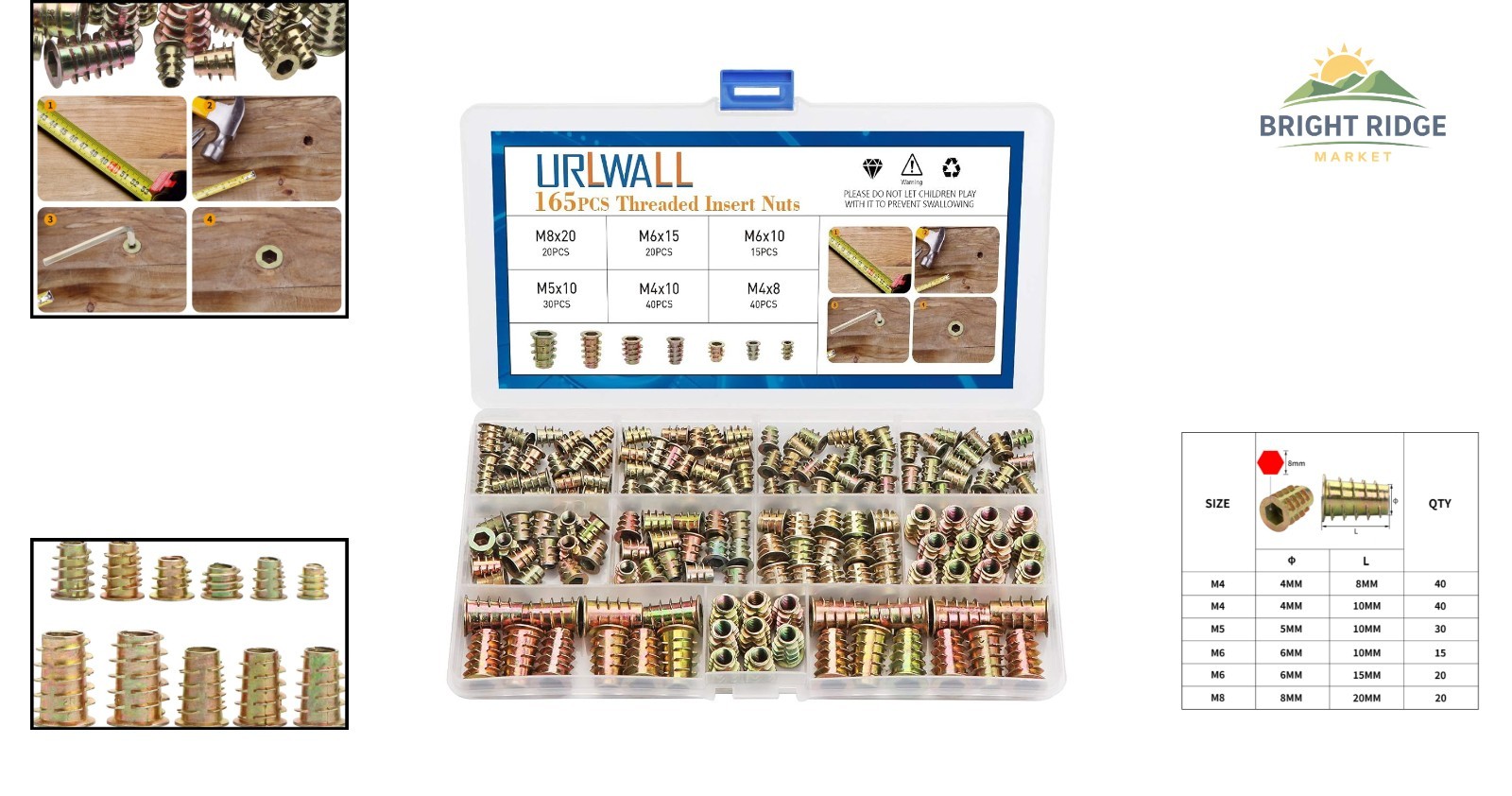 Hex Socket Drive Fasteners Set, 165PCS Wood Insert Nuts for Various Projects