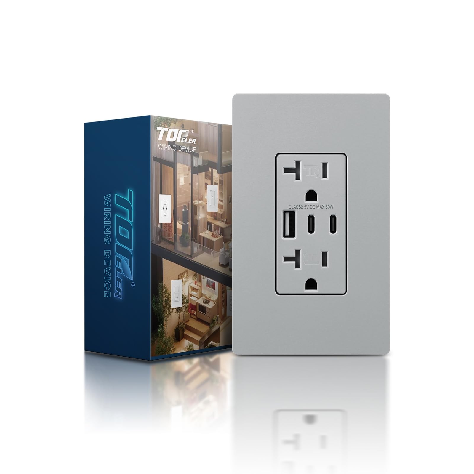 TOPELER USB Outlets Receptacles, 30W 6.0A 3-Ports Wall Outlet, 20A, Grey