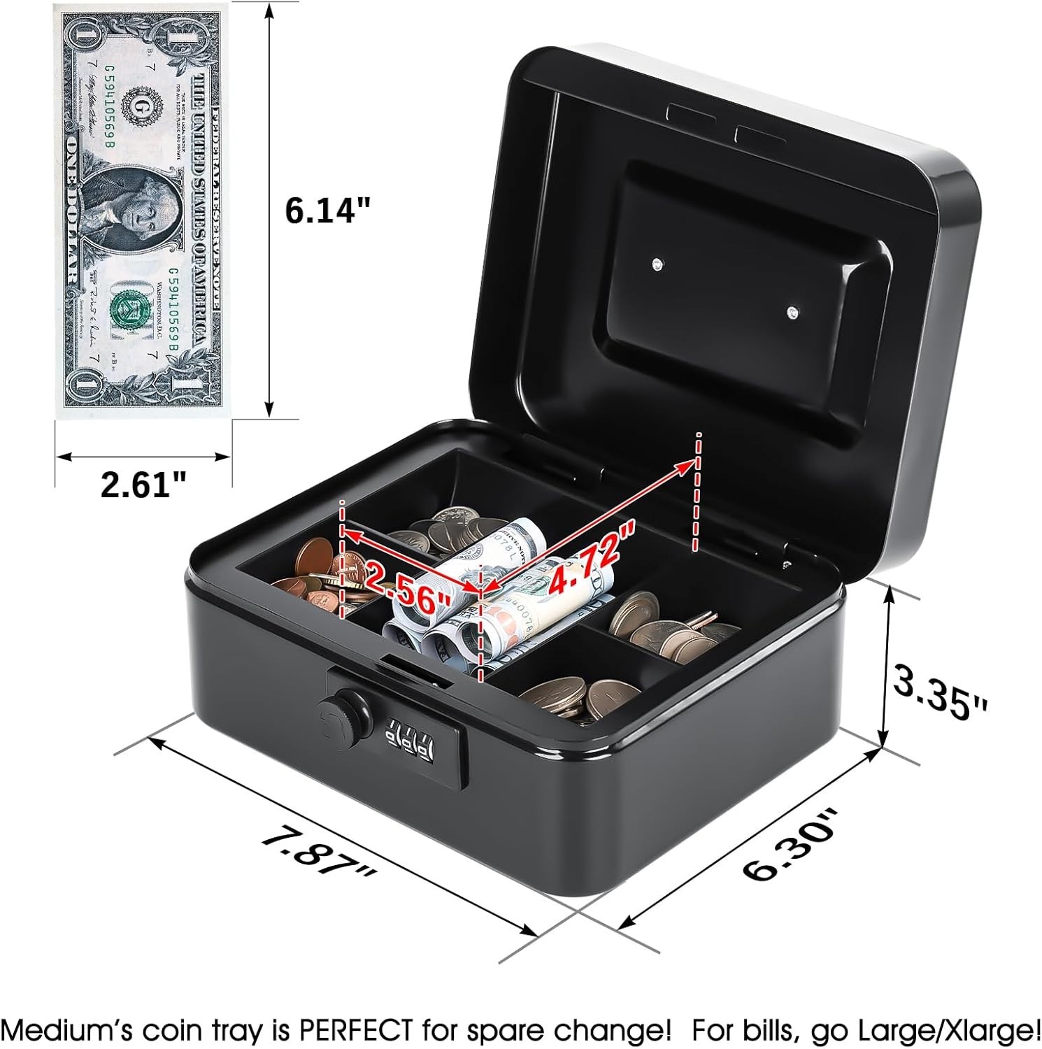 Everyday Use Portable Cash Box with Combination Lock – 7.87×6.30 Inches Black