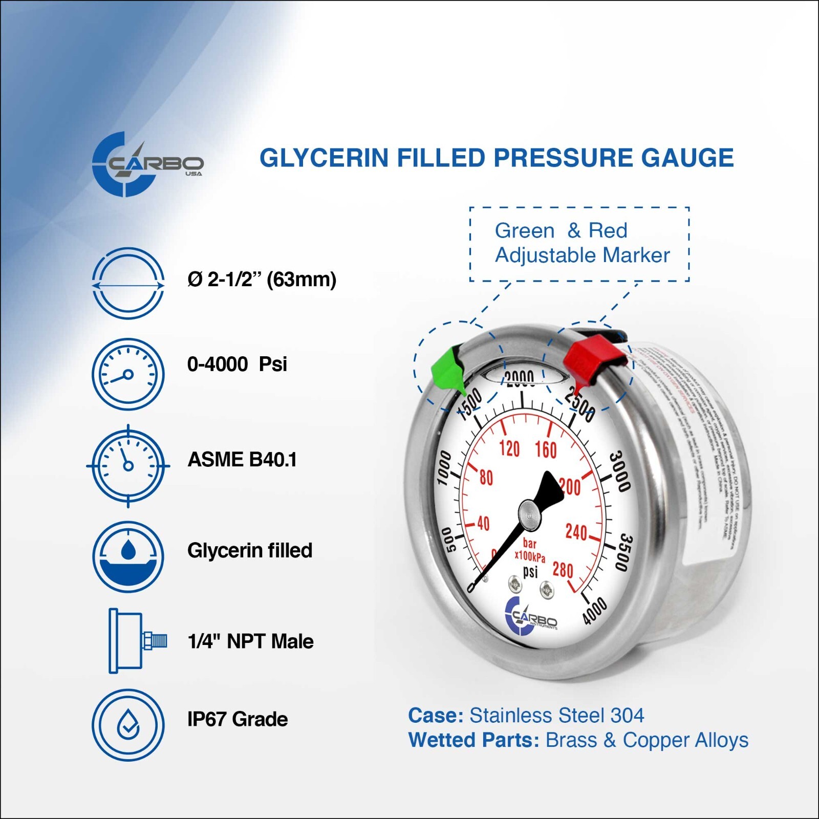 2.5″ LIQUID FILLED PRESSURE GAUGE 0 – 4000 PSI, STAINLESS STEEL CASE BACK MOUNT