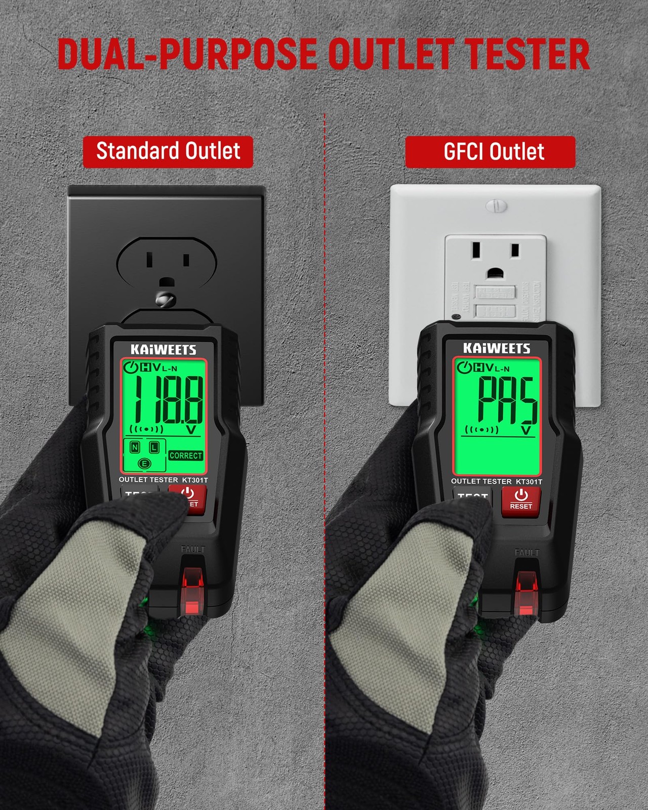KAIWEETS GFCI Outlet Tester with LCD Display, 3-Prong Receptacle Wiring Detec…