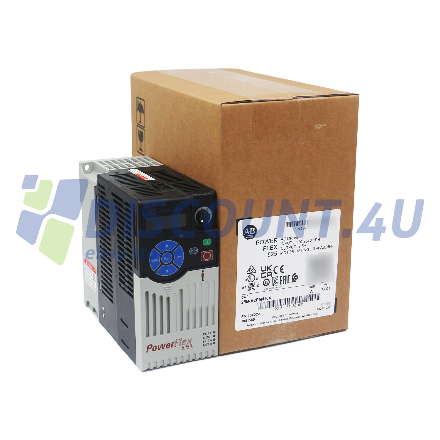 New Sealed Allen Bradley 25B-A2P5N104 Ser A PowerFlex 525 AC Drive 0.4kW 0.5Hp