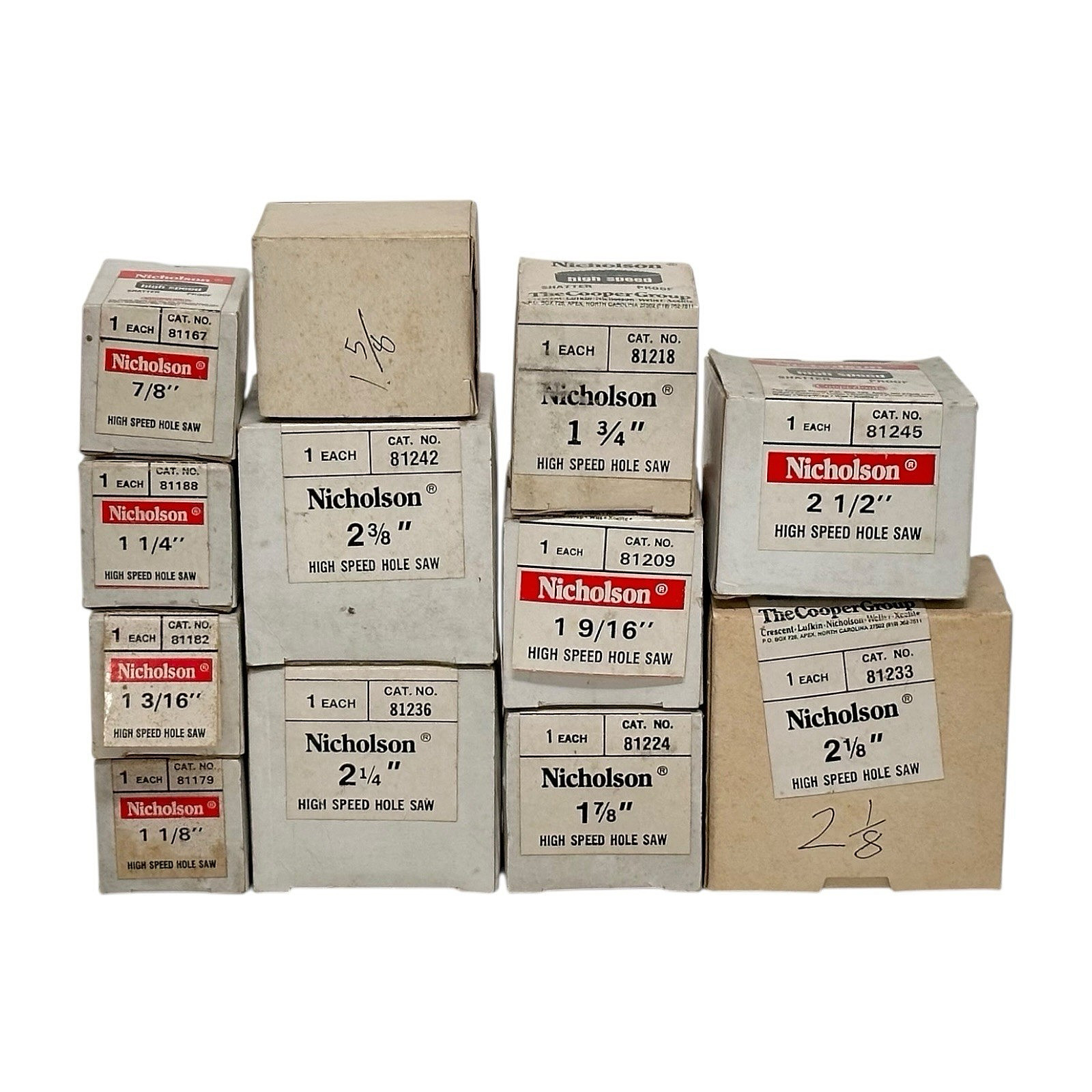 NICHOLSON HOLE SAWS – LOT OF 12 – 7/8″, 1 1/4″, 1 3/16″, 1 1/8″, 1 5/8″, 2 3/8″+