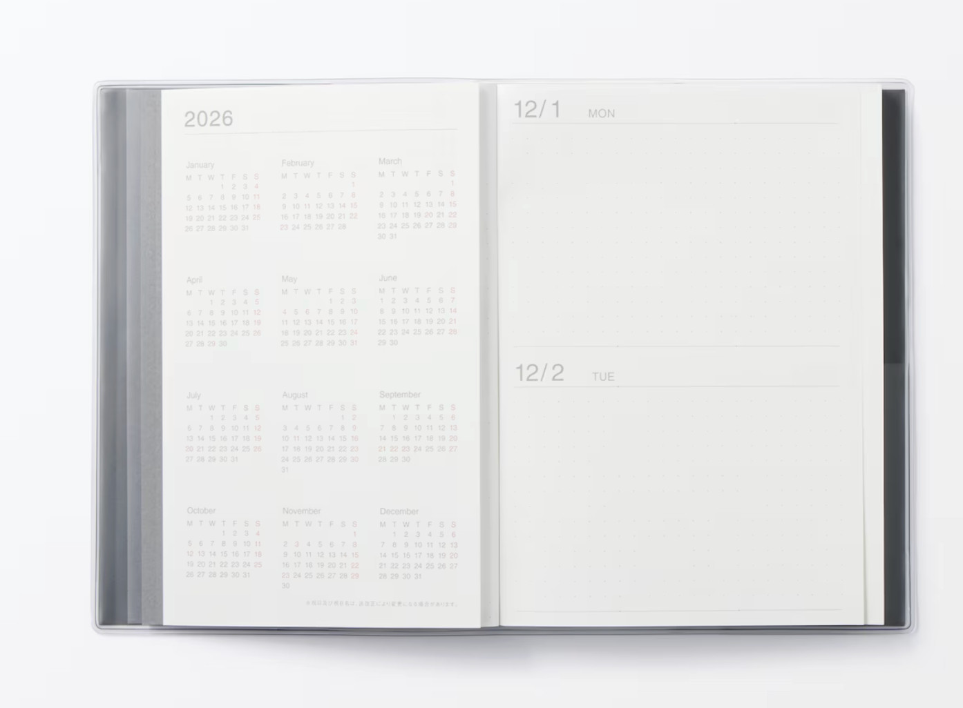 Muji 2026 Daily Monthly Planner from December 2025 Black B6 or A5